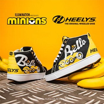 Minions x Heelys roller shoes on a yellow background with bananas.