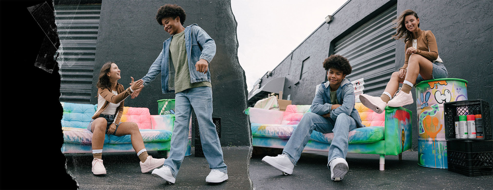 Heelys roller shoes - Two people sitting on a colorful sofa wearing Heelys shoes in an urban setting.