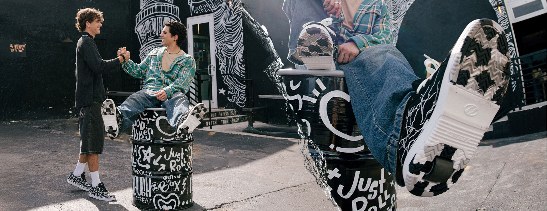 Boys 1 Wheel Heelys. Two people shake hands wearing 1 wheel Heelys roller shoes.