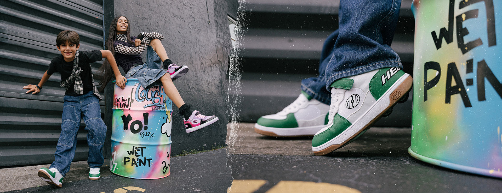 Boys 2 Wheel Heelys - Kids posing with wearing dual wheel Heelys and a close-up of green and white Heelys shoes in an urban setting.